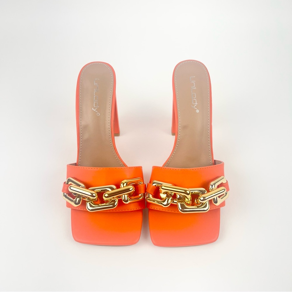 Square Toe Slip-On Block Heel with Gold Chain Detail